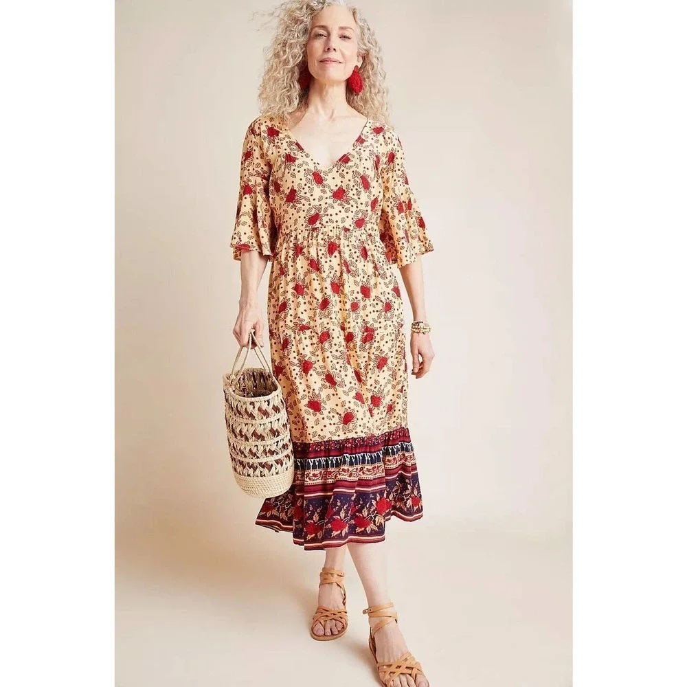 Faithful The Brand x Anthropologie Womens Size 2 Dress Melia‎ Midi Boho Floral